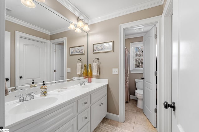 bathroom with double vanity, ornamental molding, a sink, and tile patterned floors