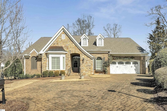 view of front of house with a garage, brick siding, a shingled roof, stone siding, and decorative driveway