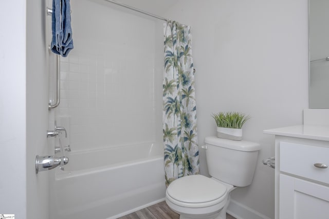 bathroom with shower / bath combination with curtain, toilet, vanity, wood finished floors, and baseboards