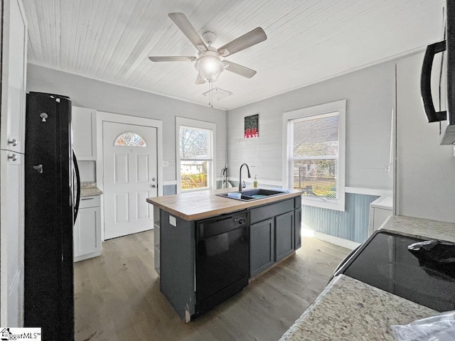 kitchen with white cabinets, a sink, light wood-style flooring, and black appliances