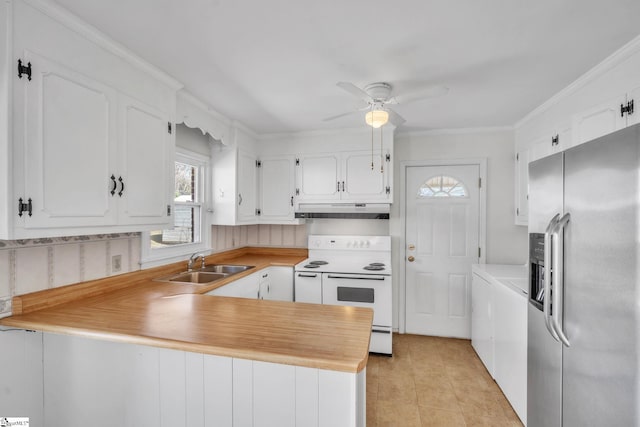 kitchen featuring white range with electric stovetop, light countertops, a peninsula, under cabinet range hood, and stainless steel fridge with ice dispenser