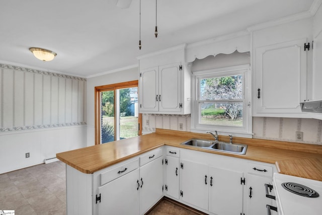 kitchen with light countertops, a sink, a peninsula, and white cabinetry