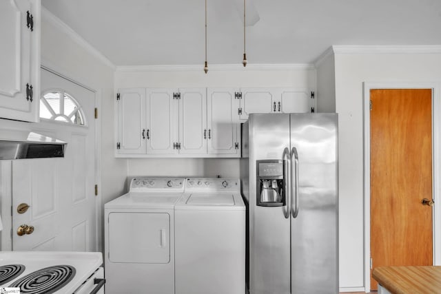 clothes washing area with laundry area, ornamental molding, and independent washer and dryer