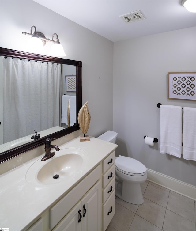 full bathroom featuring visible vents, baseboards, toilet, tile patterned flooring, and vanity