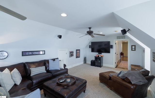 living room with lofted ceiling, ceiling fan, recessed lighting, light colored carpet, and baseboards