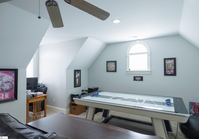 game room featuring recessed lighting, visible vents, vaulted ceiling, and baseboards