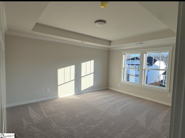 empty room with a tray ceiling, carpet, visible vents, and baseboards