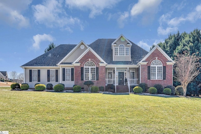 view of front of house with crawl space, brick siding, roof with shingles, and a front yard