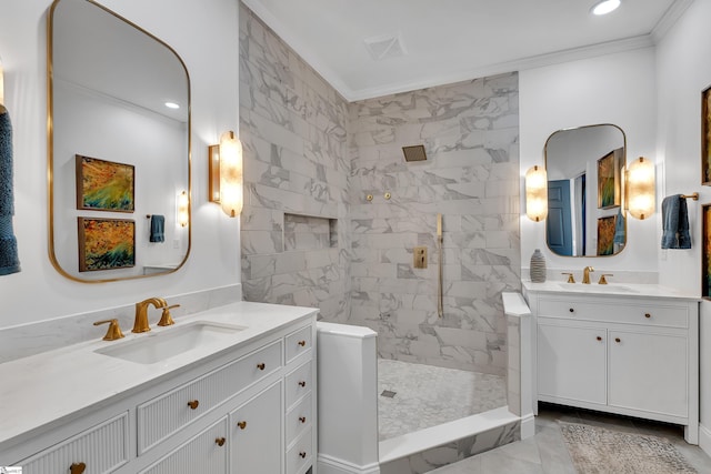 full bath featuring crown molding, visible vents, a walk in shower, and a sink