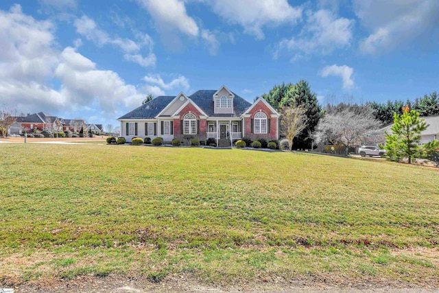 view of front of house featuring brick siding and a front lawn