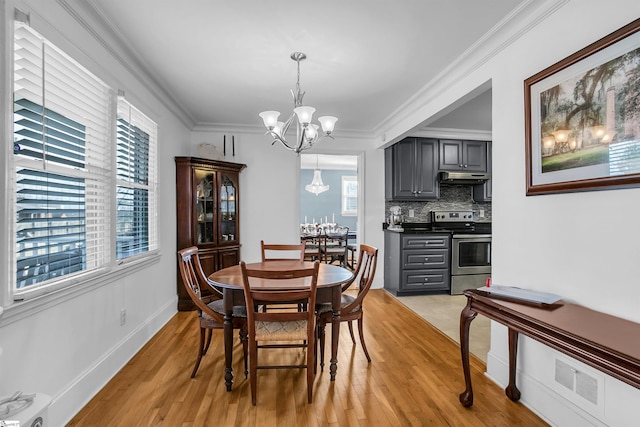 dining space with ornamental molding, a healthy amount of sunlight, and an inviting chandelier