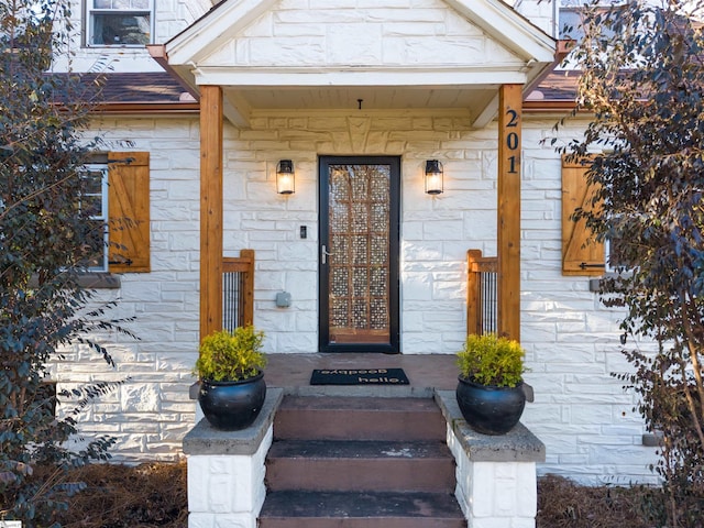 property entrance with stone siding