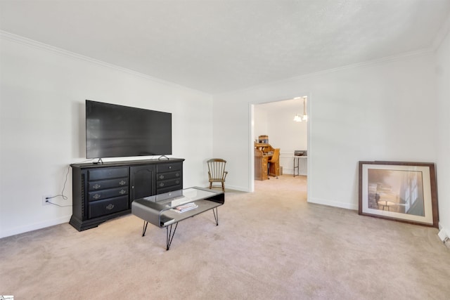 living room featuring crown molding, baseboards, and light colored carpet