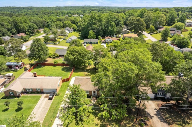 birds eye view of property featuring a forest view and a residential view