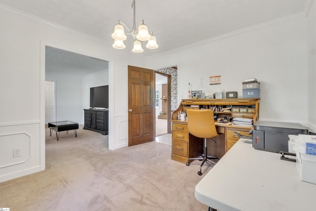 home office with light carpet, ornamental molding, and a notable chandelier