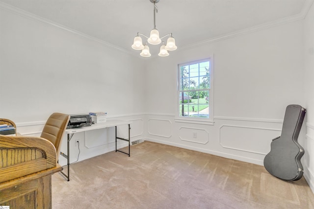 office space featuring crown molding, wainscoting, a notable chandelier, and light colored carpet