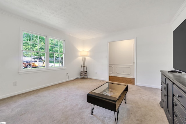 sitting room featuring a textured ceiling, baseboards, crown molding, and light colored carpet