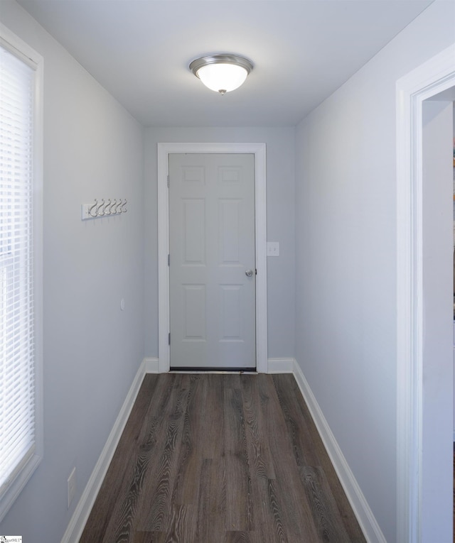 doorway with baseboards and dark wood-type flooring