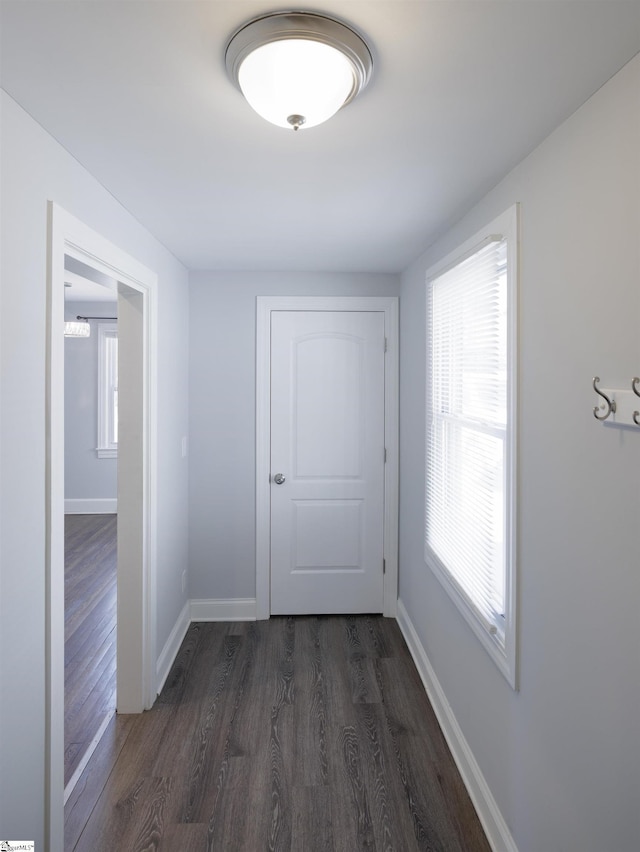 interior space featuring dark wood-type flooring and baseboards