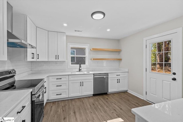 kitchen featuring open shelves, visible vents, appliances with stainless steel finishes, white cabinetry, and a sink