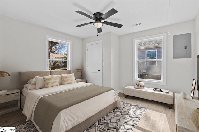 bedroom with visible vents, ceiling fan, light wood-type flooring, and electric panel