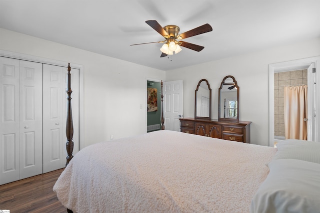 bedroom featuring dark wood-style floors, ceiling fan, and a closet