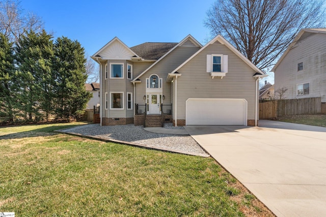 view of front of home featuring concrete driveway, an attached garage, crawl space, fence, and a front lawn