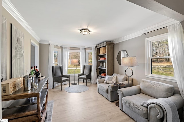 living room with light wood-type flooring, a healthy amount of sunlight, and crown molding