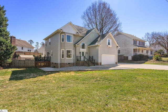 view of front of property featuring an attached garage, crawl space, fence, driveway, and a front lawn