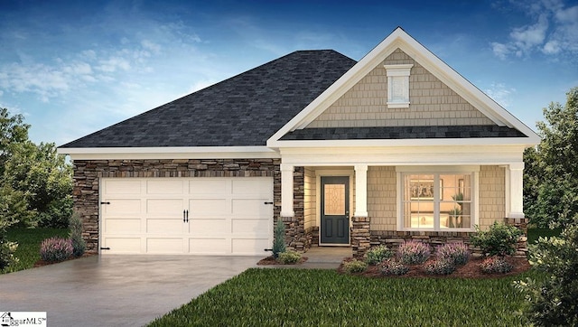 craftsman inspired home with concrete driveway, stone siding, roof with shingles, an attached garage, and a porch