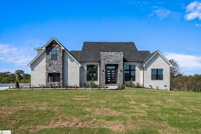 view of front facade with crawl space, stone siding, a front lawn, and brick siding