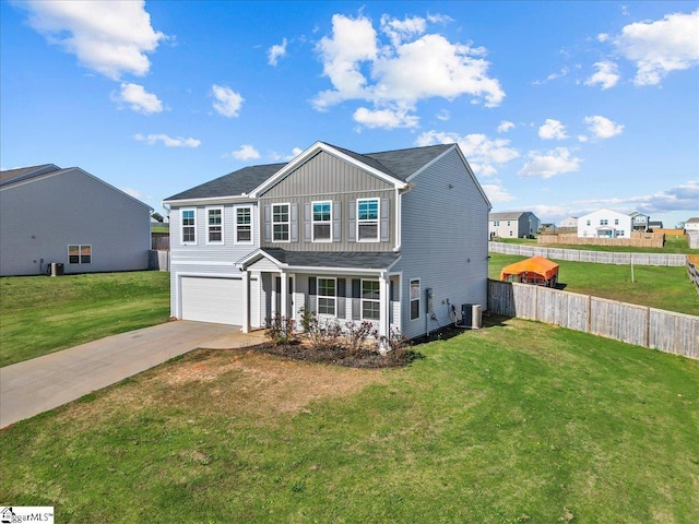 view of front of home featuring concrete driveway, board and batten siding, fence, a garage, and cooling unit