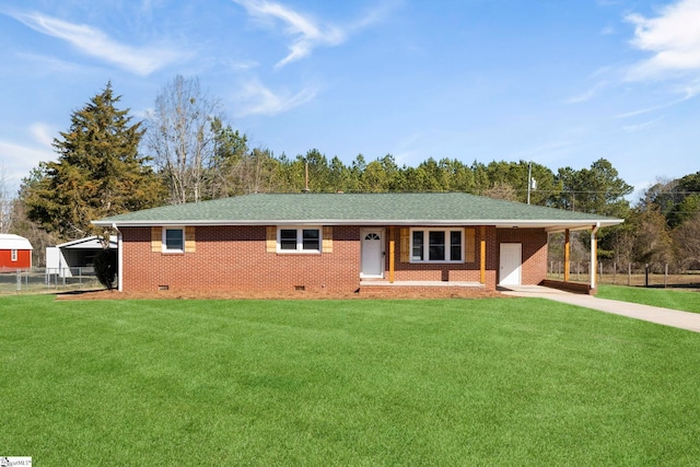 single story home with a front yard, crawl space, and brick siding