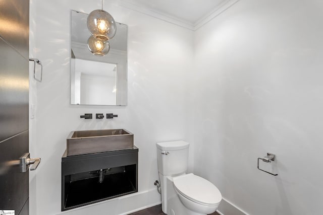 bathroom with ornamental molding, vanity, and toilet