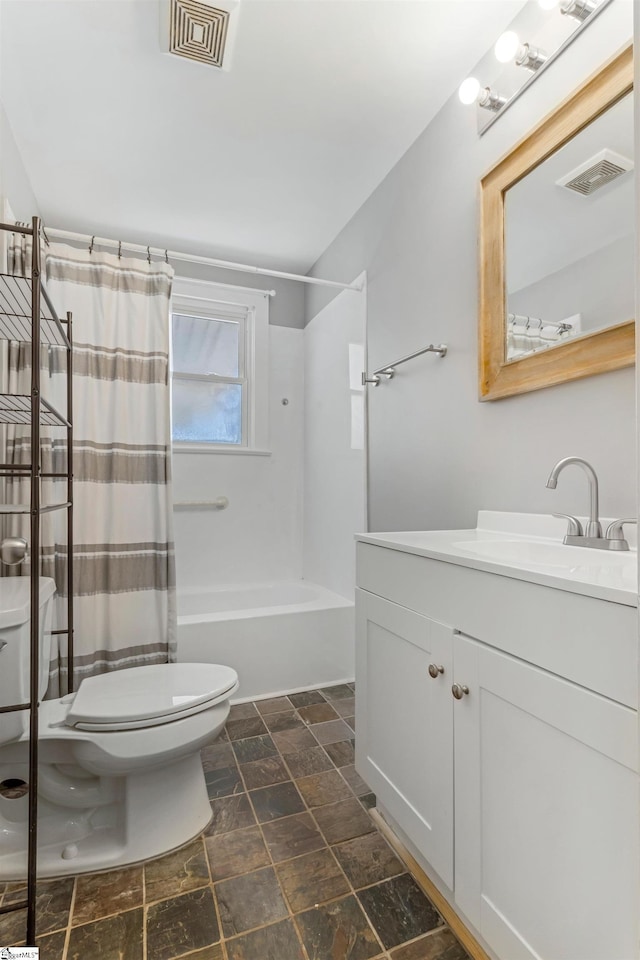 full bathroom featuring toilet, shower / bath combination with curtain, vanity, and visible vents