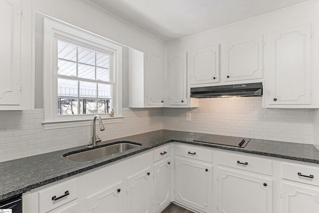 kitchen with black appliances, under cabinet range hood, white cabinets, and a sink