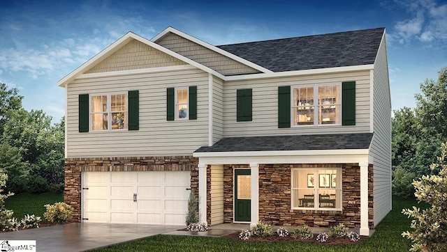 craftsman house with a garage, stone siding, roof with shingles, and concrete driveway