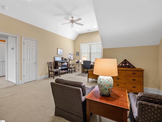 living room with lofted ceiling, light carpet, baseboards, and a ceiling fan