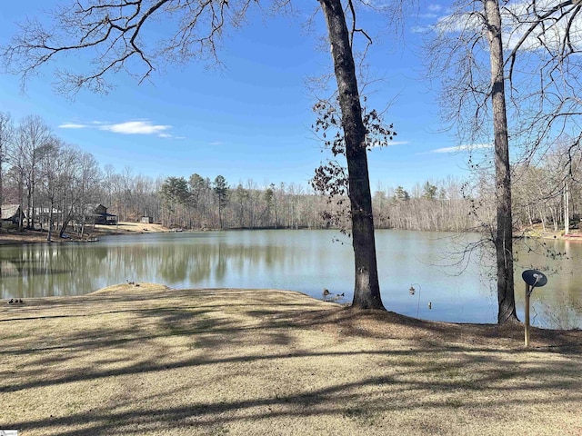 view of dock with a water view and a forest view