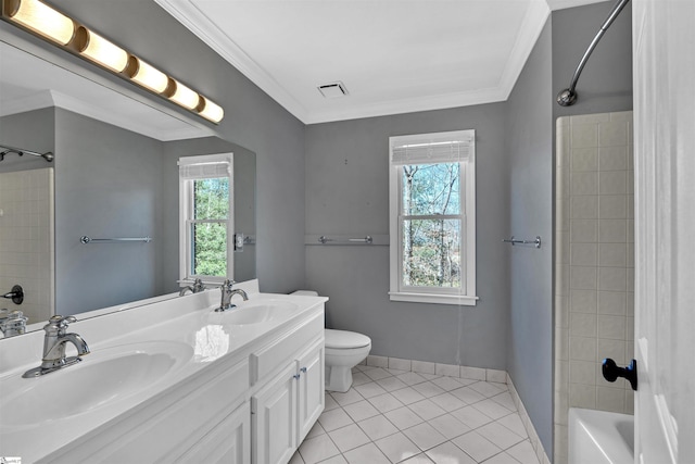 bathroom with tile patterned floors, visible vents, a sink, and ornamental molding