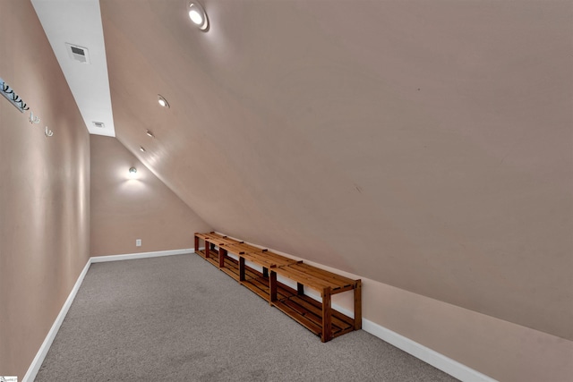 additional living space featuring carpet floors, visible vents, vaulted ceiling, and baseboards