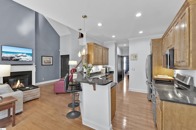 kitchen featuring a glass covered fireplace, a breakfast bar, open floor plan, a peninsula, and stainless steel appliances