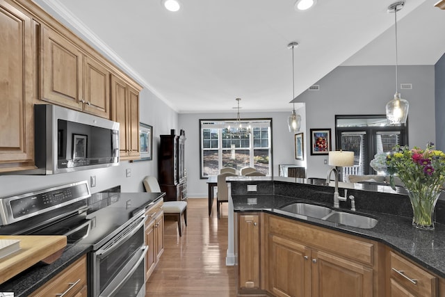 kitchen featuring decorative light fixtures, stainless steel appliances, a sink, dark stone countertops, and wood finished floors