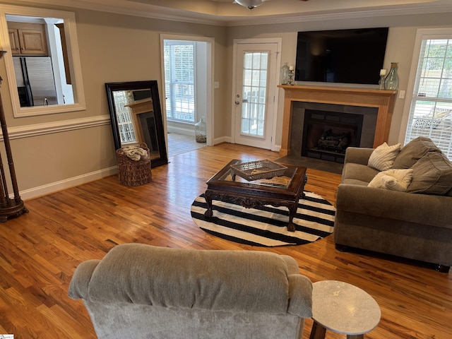 living area with a fireplace with flush hearth, ornamental molding, baseboards, and wood finished floors