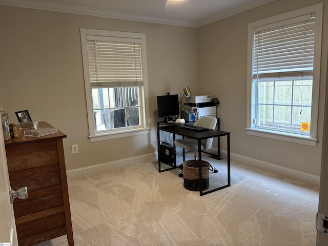 carpeted office space featuring ornamental molding, a wealth of natural light, and baseboards