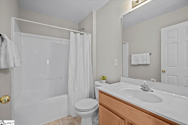 bathroom with shower / bath combination with curtain, vanity, and toilet