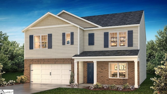 view of front of property with a garage, concrete driveway, brick siding, and roof with shingles