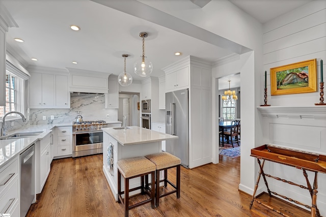 kitchen with wood finished floors, a sink, and high quality appliances