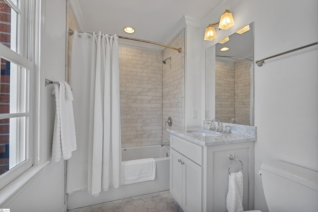 bathroom with toilet, recessed lighting, vanity, tile patterned floors, and shower / bath combination with curtain