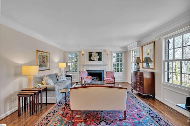 living area featuring a fireplace, crown molding, baseboards, and wood finished floors